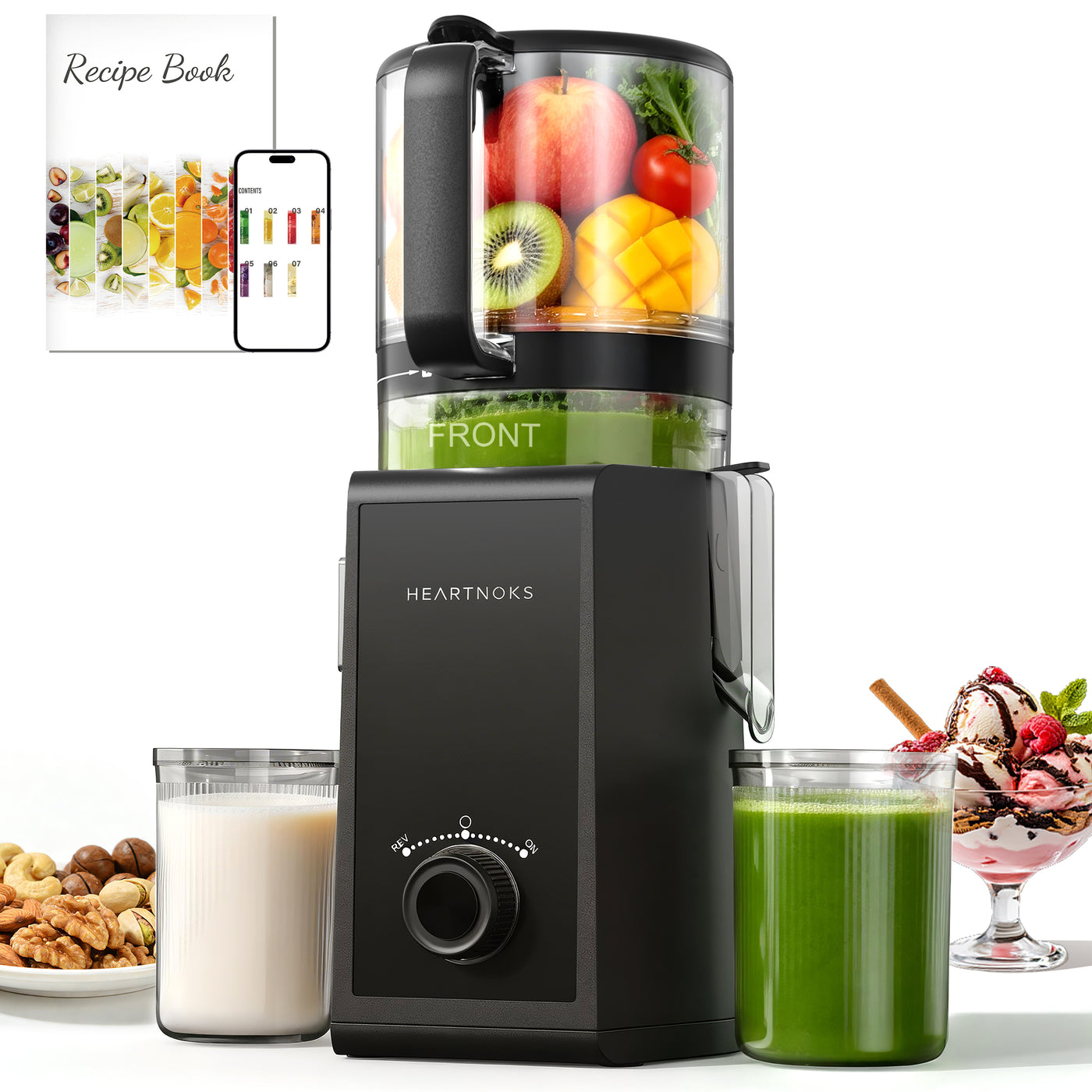 Heartnoks Cold Press Juicer Machine, 6.5'' Wide Feed Chute Slow Masticating Juicer, Easy to Clean for Busy Mornings, High Juice Yield, 3-in-1 Juicer, Sorbet & Nut Milk, Powerful Motor