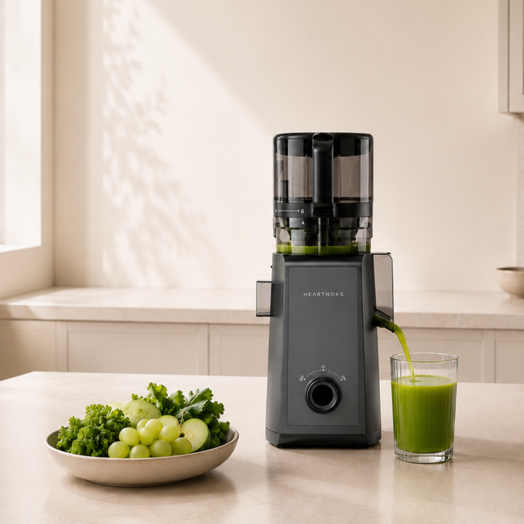 Heartnoks juicer making green juice in a quiet kitchen
