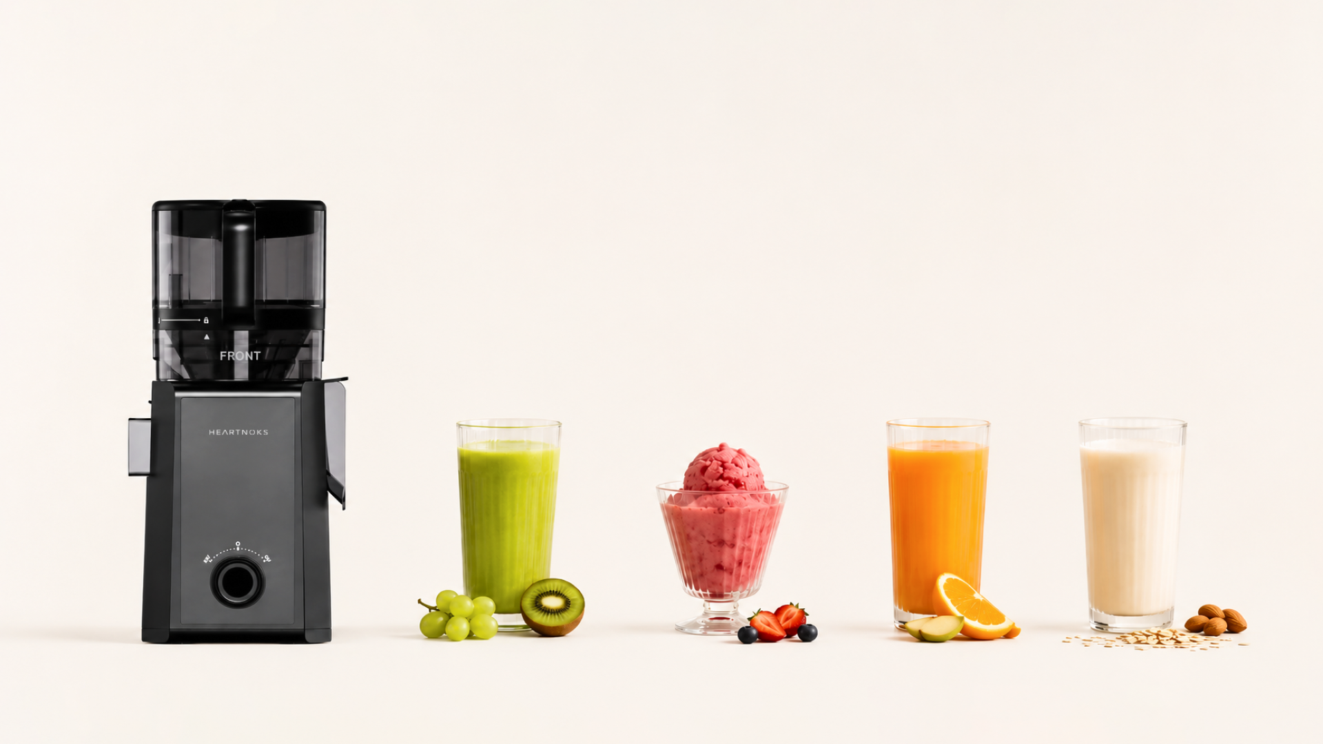 Heartnoks juicer with fresh juice, sorbet, oat milk, and nut milk