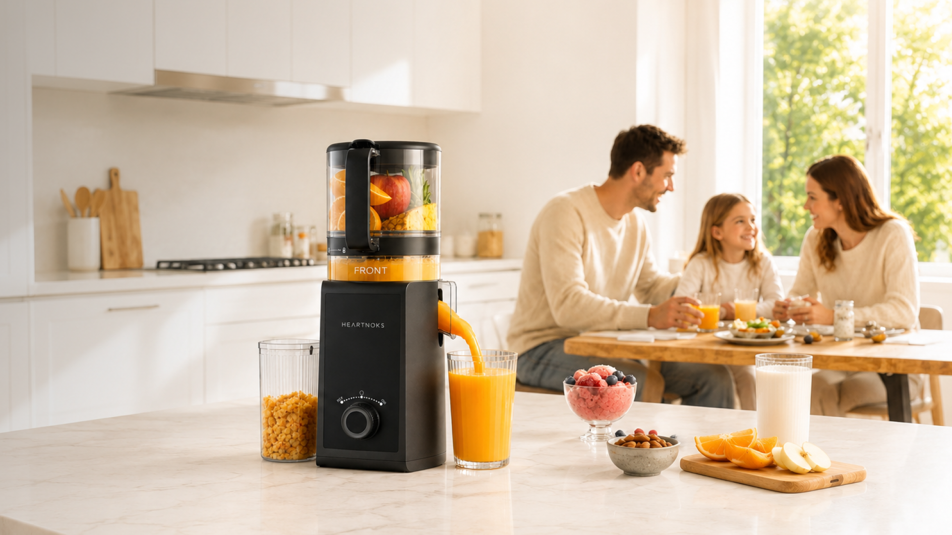 Heartnoks cold-press juicer in a bright family kitchen