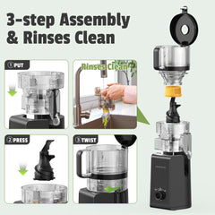 Heartnoks Cold Press Juicer Machine, 6.5'' Wide Feed Chute Slow Masticating Juicer, Easy to Clean for Busy Mornings, High Juice Yield, 3-in-1 Juicer, Sorbet & Nut Milk, Powerful Motor