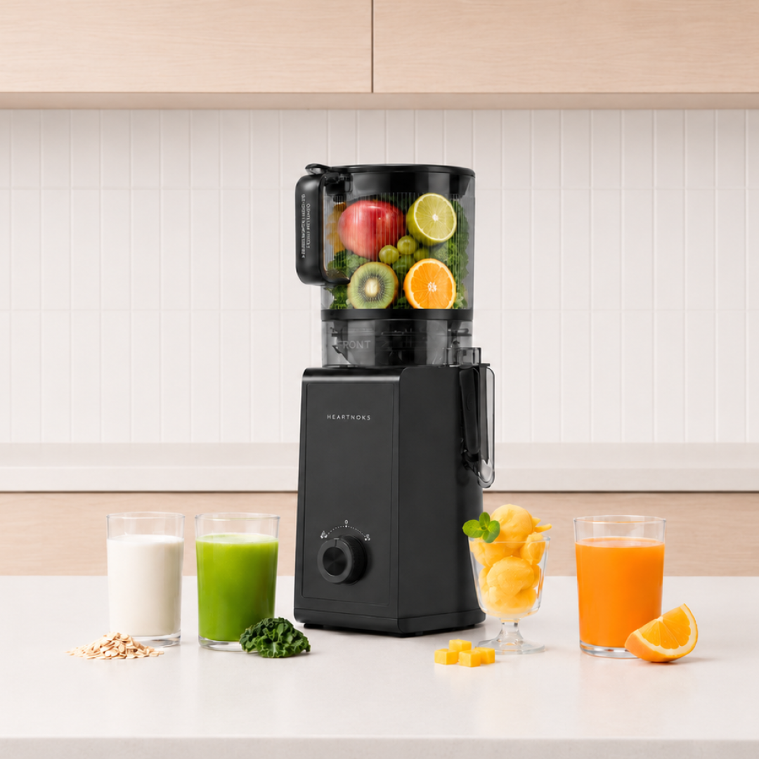 Heartnoks juicer with juice, plant milk, and fruit sorbet