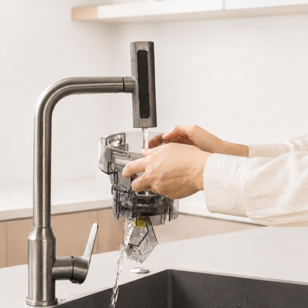 Removable Heartnoks juicer part being rinsed under a kitchen faucet