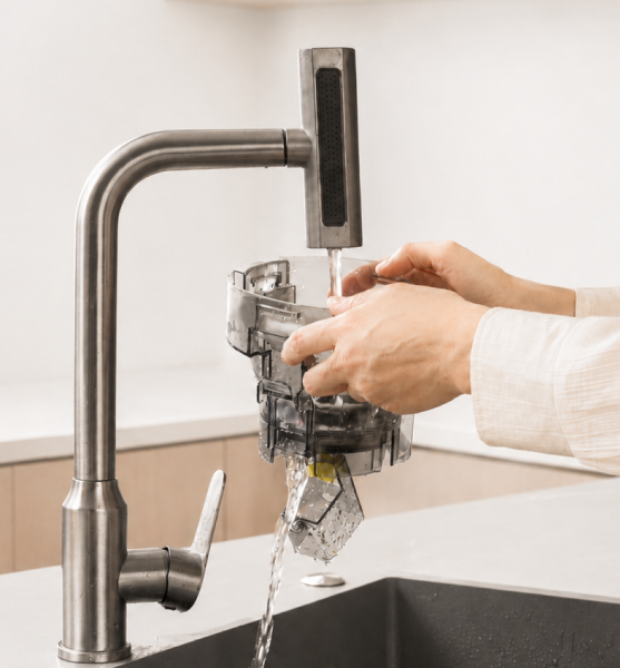 Heartnoks detachable juicer parts rinsing under the tap