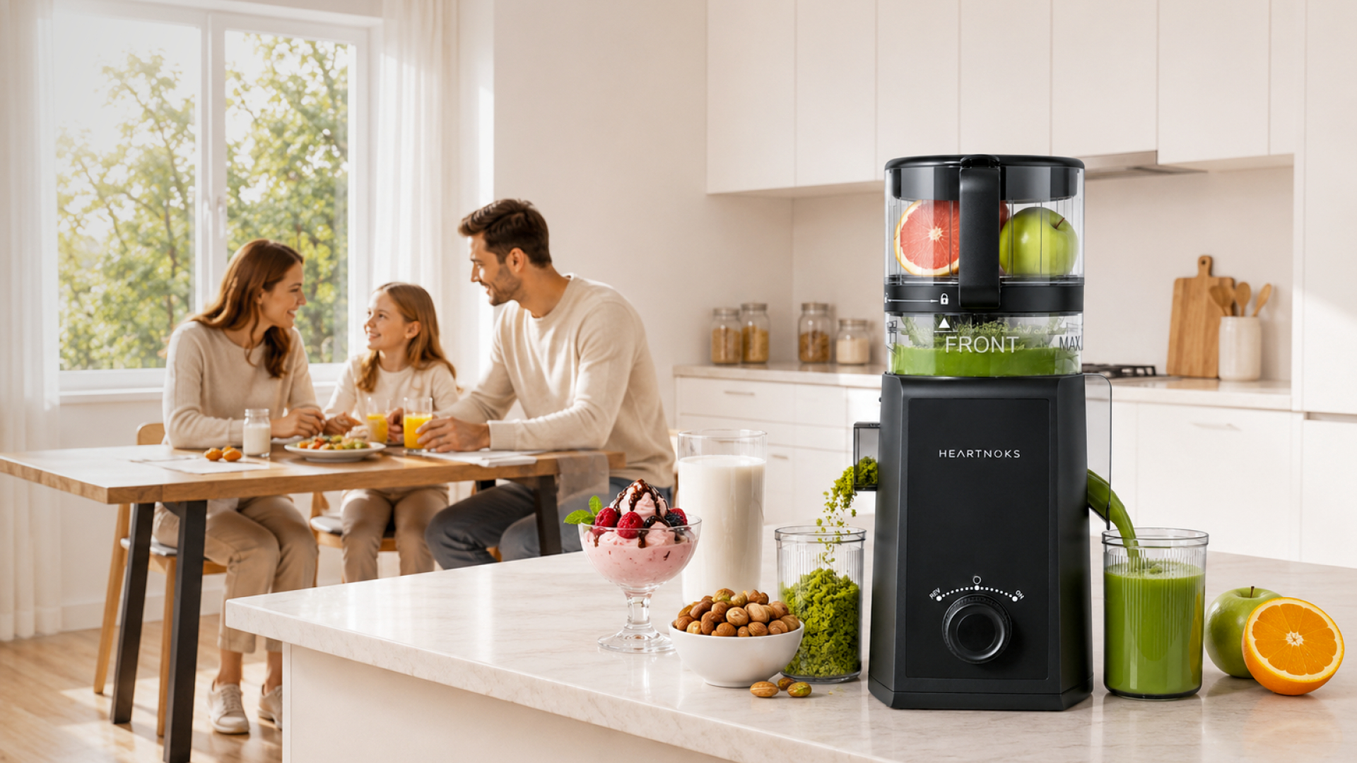 Heartnoks cold press juicer in a bright family kitchen